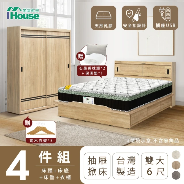 IHouse 品田 房間4件組 雙大6尺(床頭箱、收納抽屜+掀床底、床墊、衣櫃)