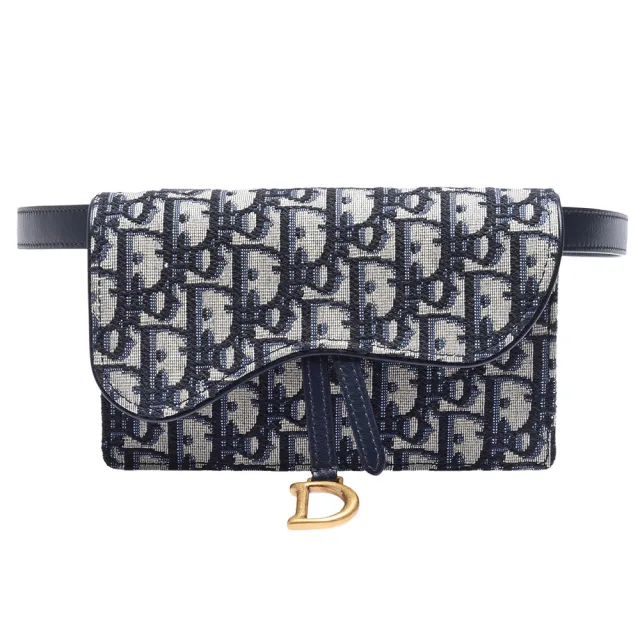 Dior 迪奧】Saddle系列經典OBLIQUE緹花布小牛皮飾邊磁釦腰包(藍 