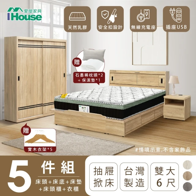 IHouse 品田 房間5件組 雙大6尺(床頭箱、收納抽屜+掀床底、床墊、床頭櫃、衣櫃)