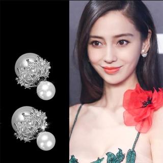【HaNA 梨花】韓國蕾絲花框珍珠．兩戴鑲鑽耳環(針式 耳環 耳飾 耳圈 耳釘)