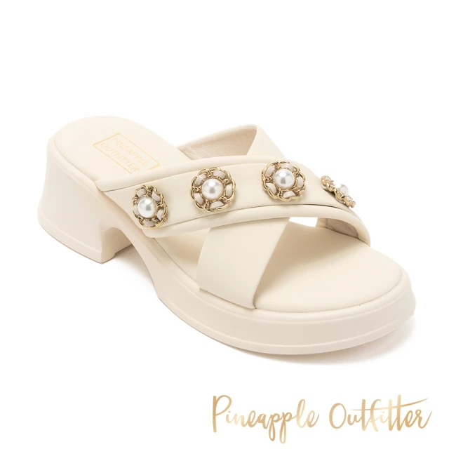 Pineapple Outfitter REID 牛皮珍珠交叉帶低跟拖鞋(白色)
