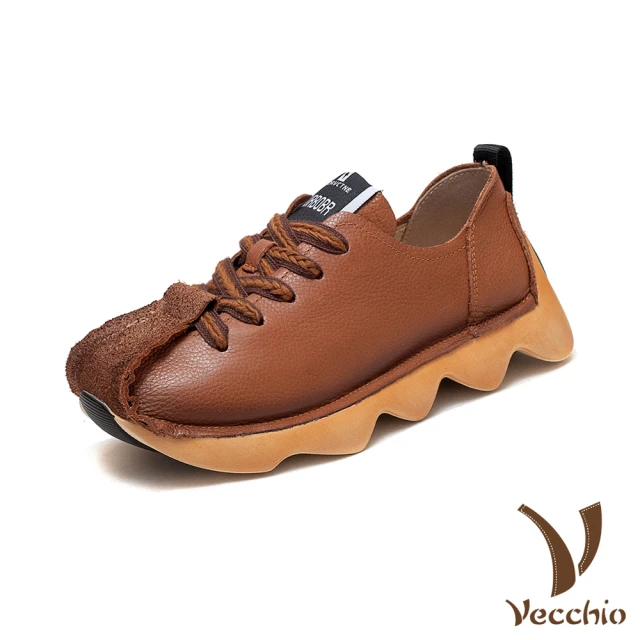 VecchioVecchio 真皮運動鞋 牛皮運動鞋/全真皮頭層牛皮復古圓頭手工縫線個性運動鞋(棕)