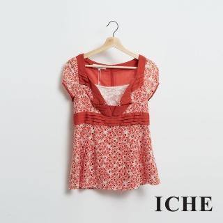 【ICHE 衣哲】仲夏亮橘蕾絲雕花拼接造型上衣