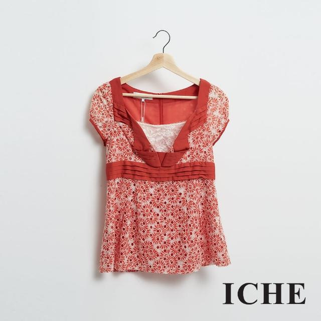 【ICHE 衣哲】仲夏亮橘蕾絲雕花拼接造型上衣