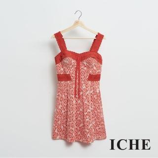 【ICHE 衣哲】馬甲式蕾絲雕花拼接亮橘禮服洋裝