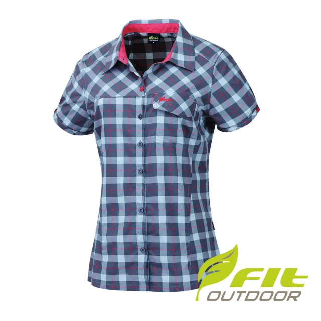 【Fit 維特】女-吸排抗UV合身格紋機彈襯衫-時尚灰 HS2201-73(格紋/彈性襯衫/舒適休閒)