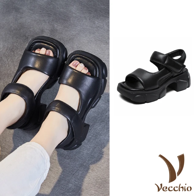 VecchioVecchio 真皮涼鞋 厚底涼鞋/全真皮頭層牛皮方頭復古鬆糕厚底涼鞋(黑)