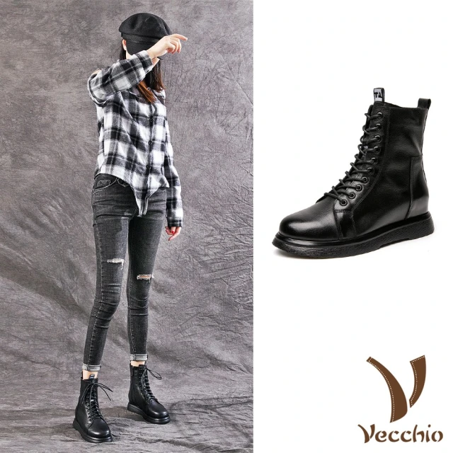 VecchioVecchio 真皮馬丁靴 內增高馬丁靴/全真皮頭層牛皮復古版型時尚內增高繫帶馬丁靴(黑)