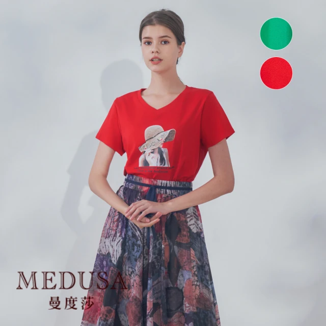 MEDUSA 曼度莎 現貨-ICare 草帽女孩V領燙鑽T恤 - 2色（F）｜女上衣 短袖上衣 休閒上衣(107-15401)