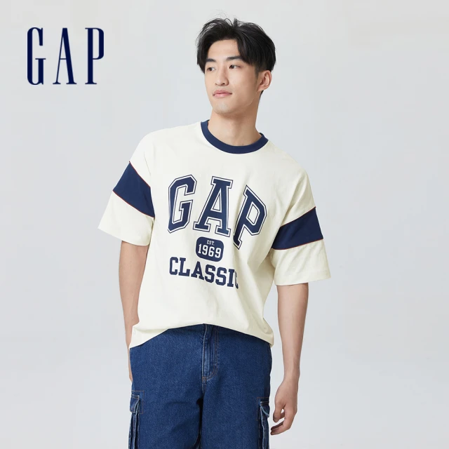 GAP 男裝 Logo純棉撞色短袖T恤 厚磅密織水洗棉系列-白色(841967)