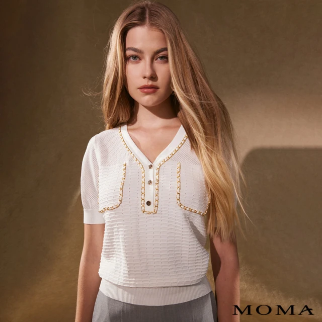 MOMA 小香風金釦薄針織上衣(白色)