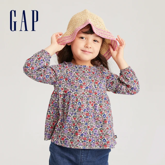 GAP 女幼童 純棉圓領長袖上衣-彩色花朵(758708)