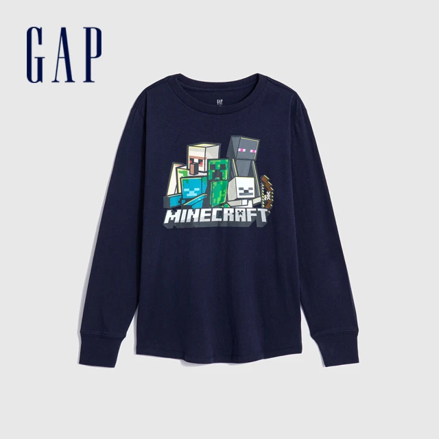 GAP 男童 Gap x Minecraft當個創世神聯名 印花圓領長袖T恤-藏藍色(786319)