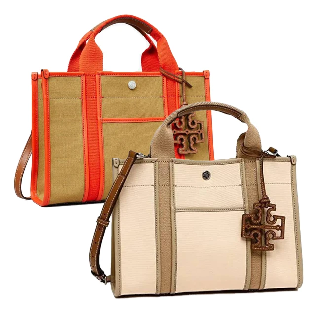 TORY BURCH Tory Burch 女士斜紋布小號托特包 兩色可選 橘色拼卡其.春夏新色-淡粉橘色