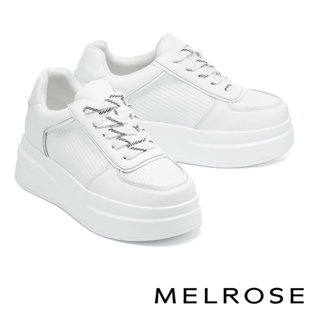 MELROSEMELROSE 美樂斯 率性壓紋牛皮綁帶厚底休閒鞋(白)