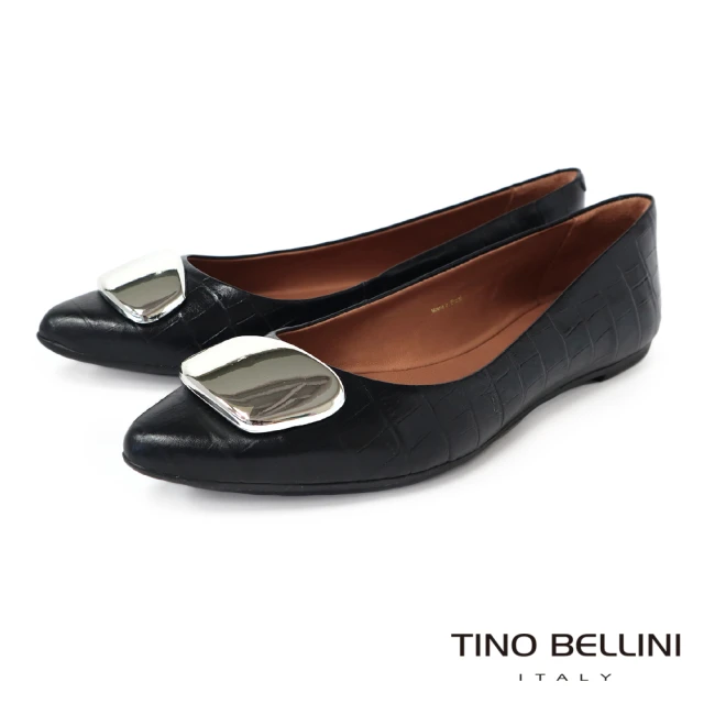 TINO BELLINI 貝里尼TINO BELLINI 貝里尼 巴西進口牛皮紋理造型飾釦平底鞋FWBV033(黑)