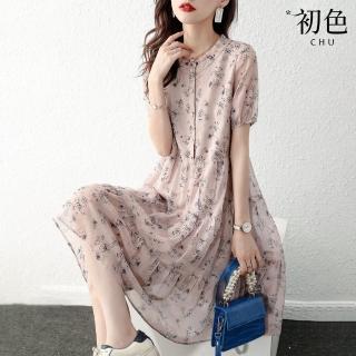 【初色】法式復古碎花印花雪紡連身裙洋裝-花色-61273(M-2XL可選)