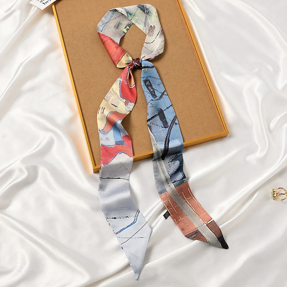 【AnnaSofia】仿絲領巾絲巾圍巾-彩繪瓦牆 長窄版緞面 現貨(彩系)