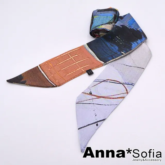 【AnnaSofia】仿絲領巾絲巾圍巾-彩繪瓦牆 長窄版緞面 現貨(彩系)