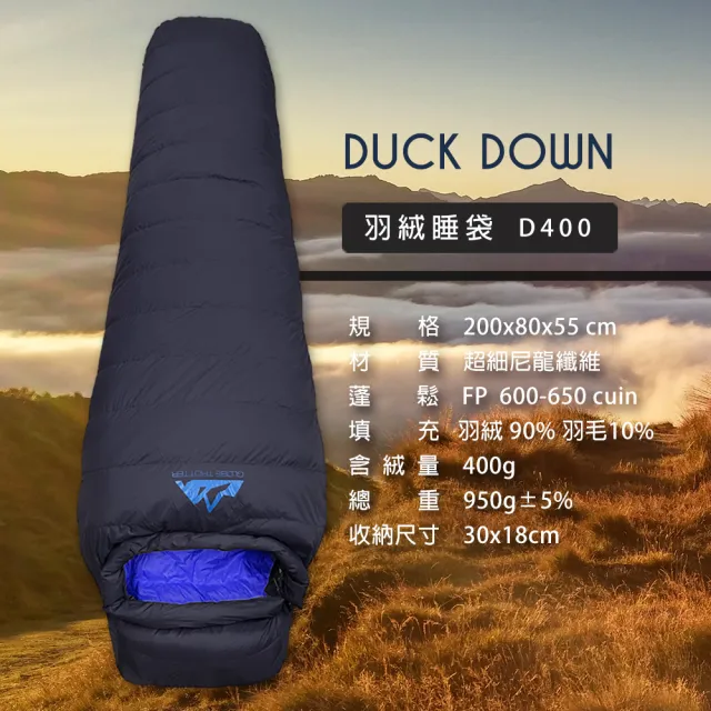 【遊遍天下】台灣製防潑防風保暖羽絨睡袋 D400 丈青藍(0.95KG)
