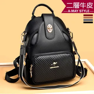 【Amay Style 艾美時尚】現貨 真皮包 旅遊雙肩包 優雅LOGO拼接紋理後背包