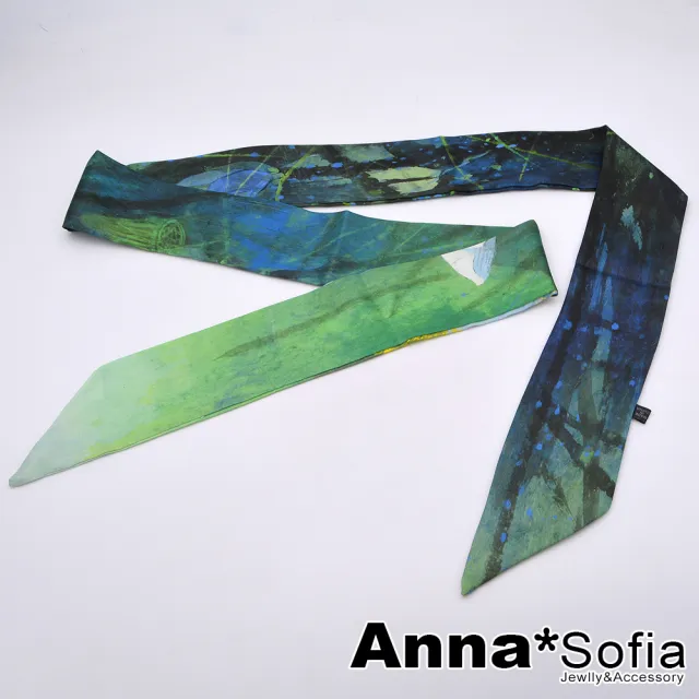 【AnnaSofia】仿絲領巾絲巾圍巾-黯繪花荷 長窄版緞面 現貨(黑綠系)