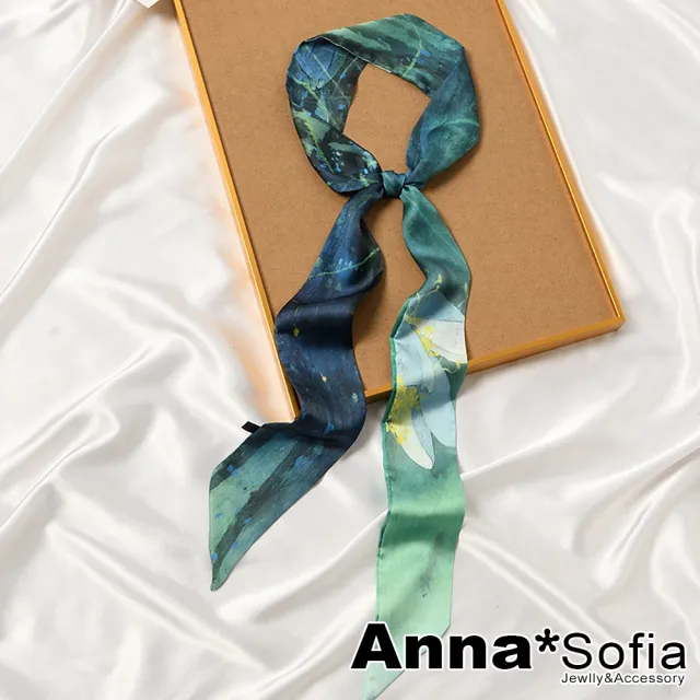 【AnnaSofia】仿絲領巾絲巾圍巾-黯繪花荷 長窄版緞面 現貨(黑綠系)