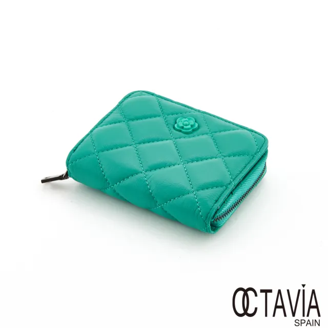 【OCTAVIA 8】雙11 真皮 花扣子 III 羊皮菱格粉彩色二折短夾(花漾綠)