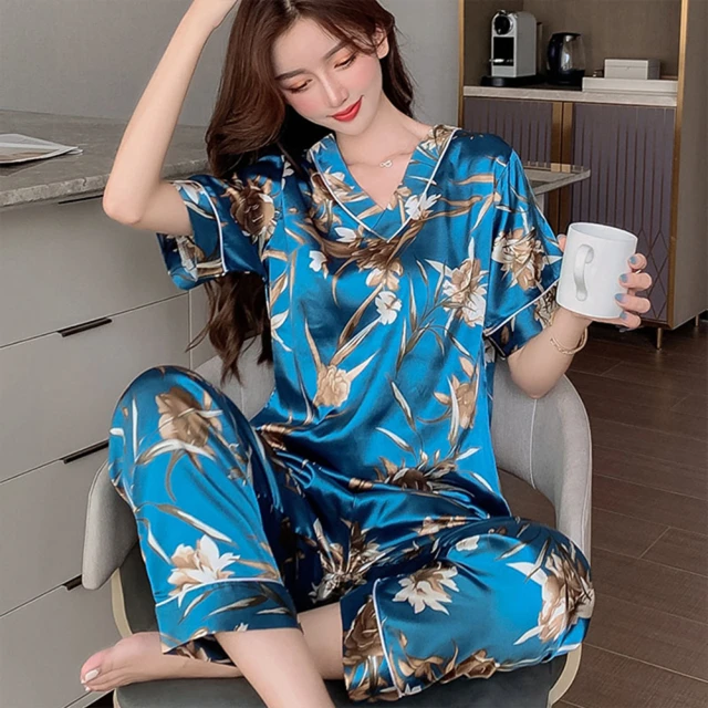 【K.W.】型-韓國冰絲花版絲稠休閒套裝組