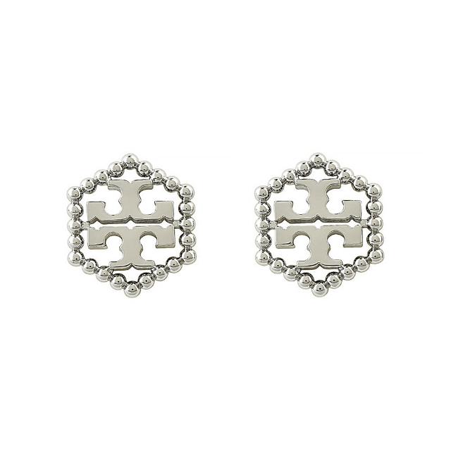 【TORY BURCH】TORY BURCH Milgrain Hex 銀字LOGO雙T圓珠六邊形設計針式耳環(銀)