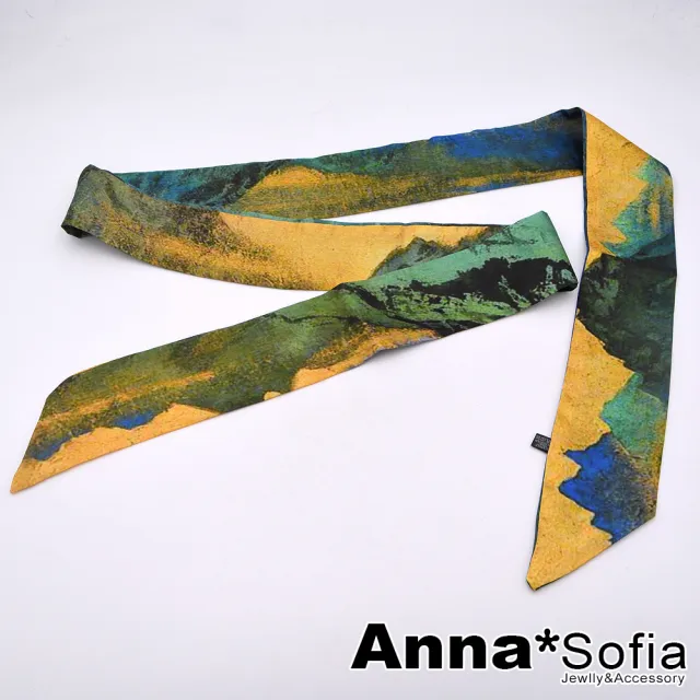 【AnnaSofia】仿絲領巾絲巾圍巾-綠染黃山 長窄版緞面 現貨(黃藍綠系)
