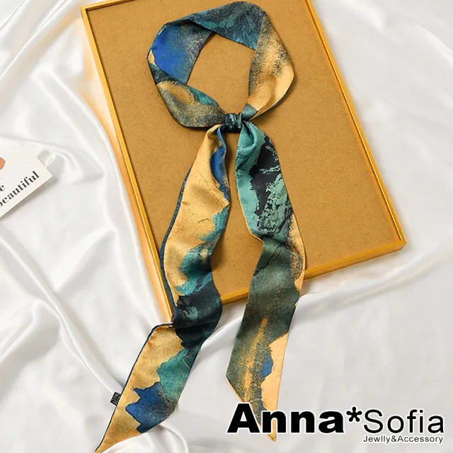 【AnnaSofia】仿絲領巾絲巾圍巾-綠染黃山 長窄版緞面 現貨(黃藍綠系)