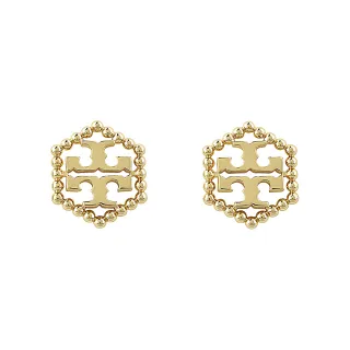 【TORY BURCH】TORY BURCH Milgrain Hex 金字LOGO雙T圓珠六邊形設計針式耳環(金)