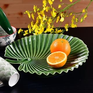 【YU Living 信歐傢居】夏日棕櫚葉造型陶瓷裝飾盤 葉子餐盤(寬32cm / 綠色)