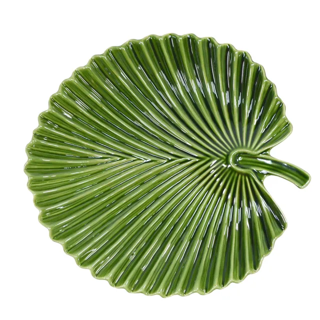 【YU Living 信歐傢居】夏日棕櫚葉造型陶瓷裝飾盤 葉子餐盤(寬32cm / 綠色)