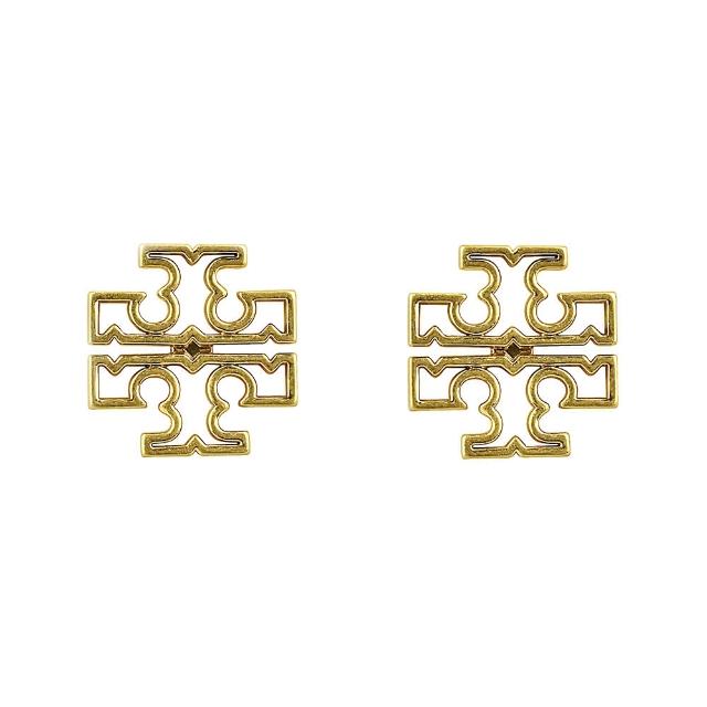 【TORY BURCH】TORY BURCH Britten 金屬鏤空雙T LOGO針式耳環(金)