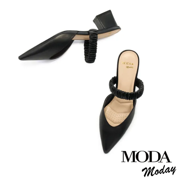 【MODA Moday】高雅繫帶羊皮尖頭高跟穆勒拖鞋(黑)