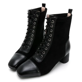 【GDC】義式風情真皮拼接綁帶氣質短靴-黑色(128797-00)
