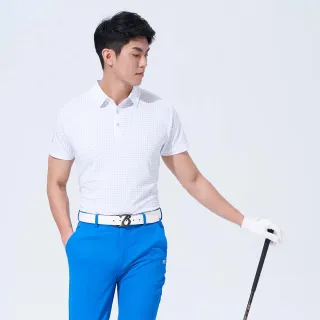 【KING GOLF】網路獨賣款-男款小細格紋滿版印花POLO衫/高爾夫球衫(淺藍)