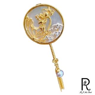 【RJNewYork】中國蓮花扇珍珠流蘇胸針別針兩用款(金色)