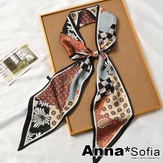 【AnnaSofia】仿絲領巾絲巾圍巾-浮世繪拼藤斜角 窄版緞面 現貨(黑紅彩系)