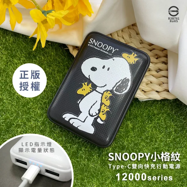 【SNOOPY 史努比】2022限量款 小格紋 12000mAh Type-C雙向快充行動電源