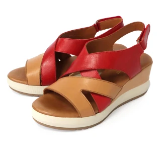 【TINO BELLINI 貝里尼】西班牙進口悠活漫步牛皮雙色拼接楔型涼鞋FSOT0005(紅)