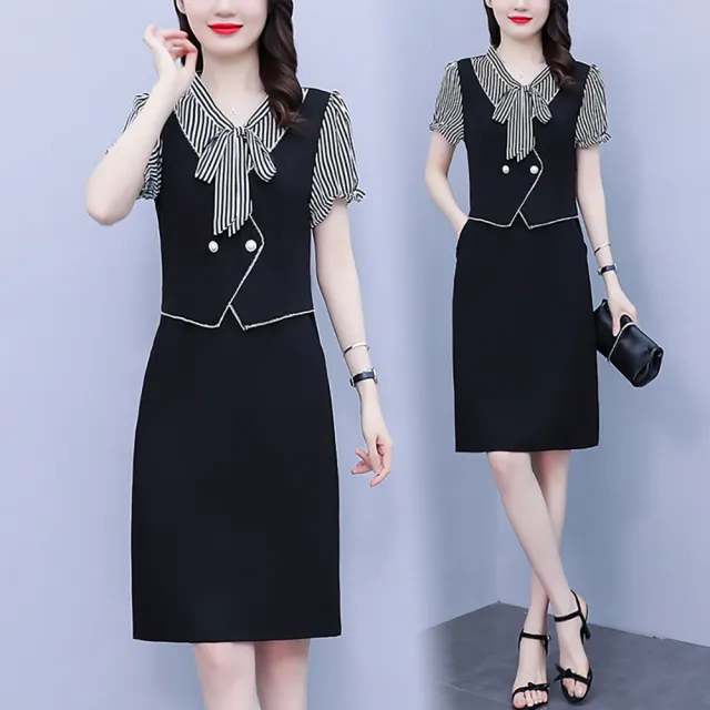 【麗質達人】2553黑色假二件洋裝(特價商品)