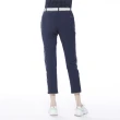 【Lynx Golf】korea女款隱形拉鍊口袋兩側白條設計平口休閒七分褲(深藍色)
