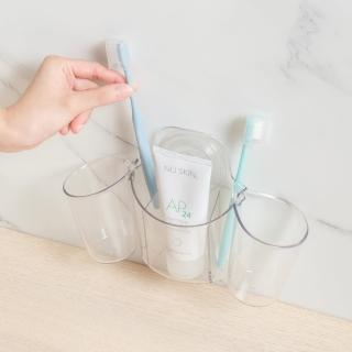 【UdiLife】hold掛 可瀝水雙杯牙刷架(透明收納 免鑽孔 黏貼式 無痕 牙刷架 杯架 置物架 多用途)