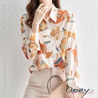 【ONEY 歐妮】★流行撞色印花造型襯衫(長袖上衣/襯衫/印花襯衫)
