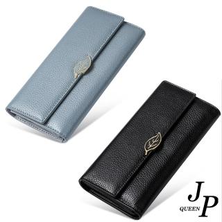 【Jpqueen】女士荔枝紋牛皮葉子金扣長款皮夾錢包(2色)