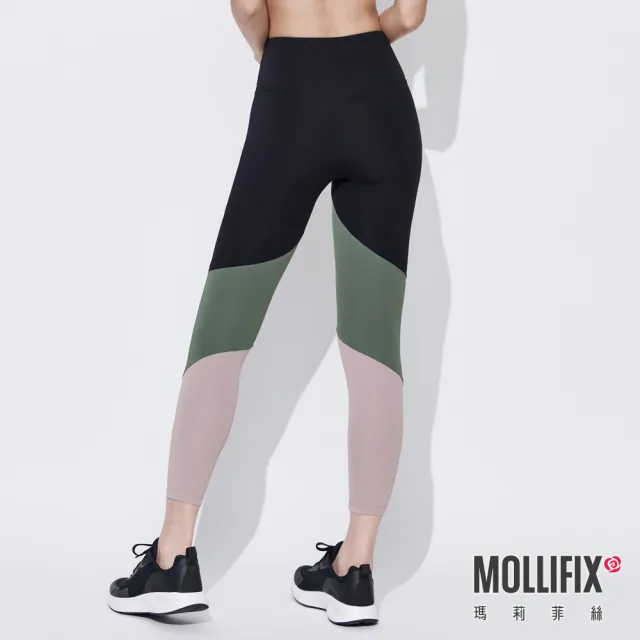 【Mollifix 瑪莉菲絲】玩色切割8分褲、瑜珈服、Legging(黑+綠)