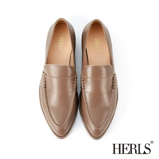 【HERLS】樂福鞋-全真皮縫線造型橫帶低跟樂福鞋(可可色)